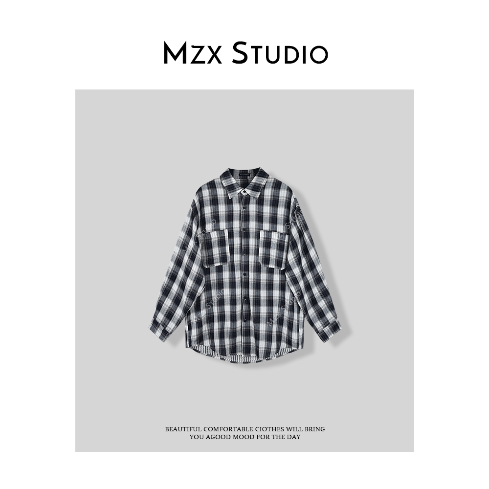 MZX 复古慵懒 宽松黑白格纹长袖衬衫SY7657-E