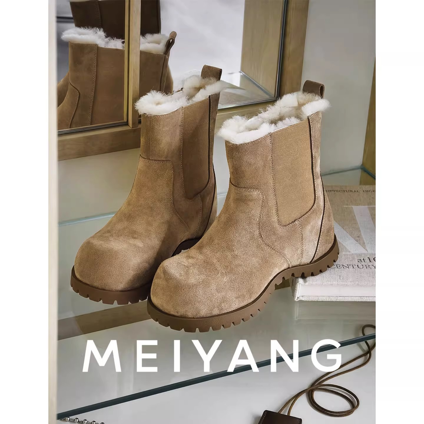 美洋MEIYANG 毛毛佩奇短靴 可拆卸水台复古磨砂加绒雪地靴-周五
