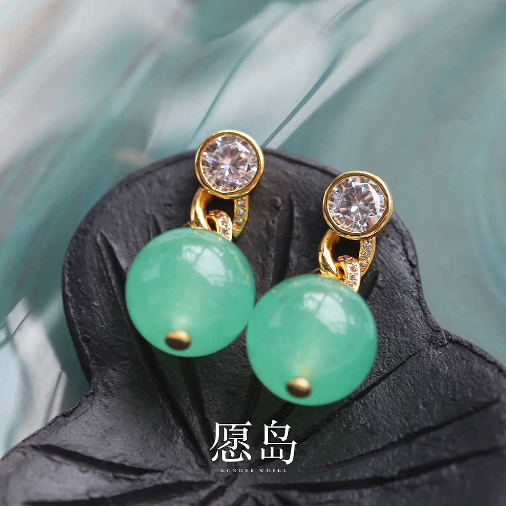 愿岛 黄铜合成锆石耳饰 法式气质简约时尚锆石镶嵌琉璃耳钉EH2510