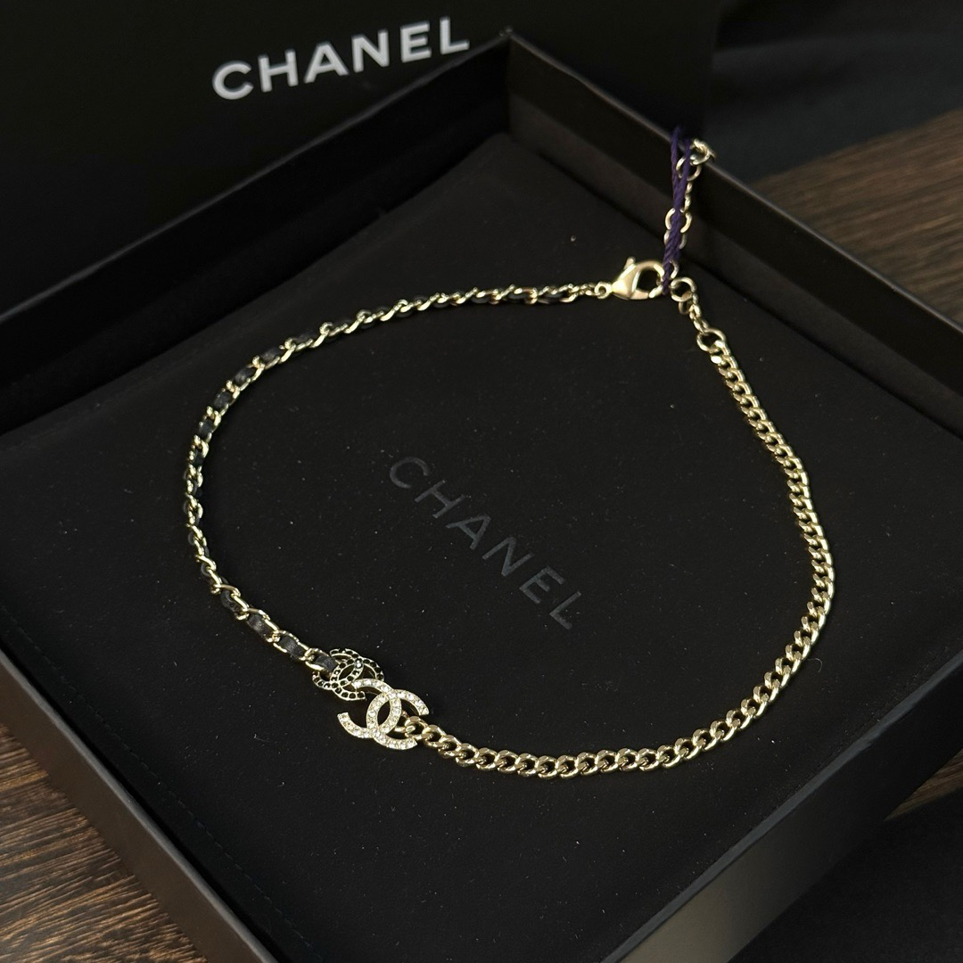 95新 Chanel/香奈儿 黑金 双C logo拼接 皮穿链项链/652194396