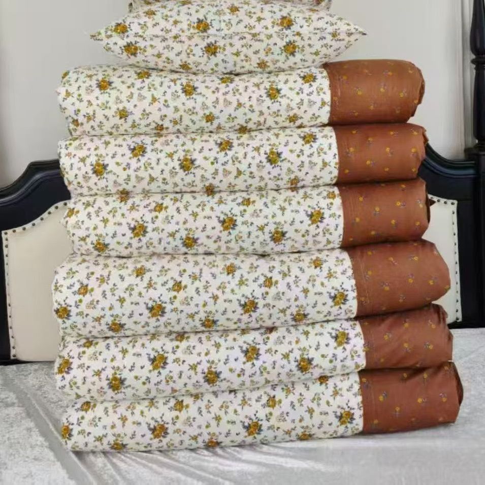 咖啡色黄色碎花AB版印花被套床单套花边单人床上用品套件