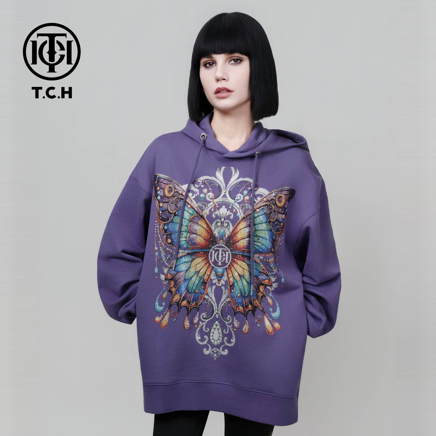 TCH轻奢冬季蝴蝶烫钻紫色连帽情侣款卫衣T75C12E9002
