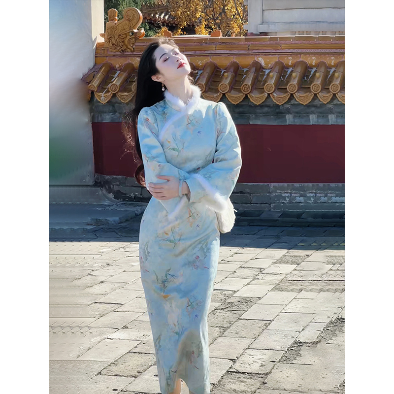 凌茜恣禾【桐君】秋冬新中式国风复古印花斜襟水貂旗袍裙子唐装裙子