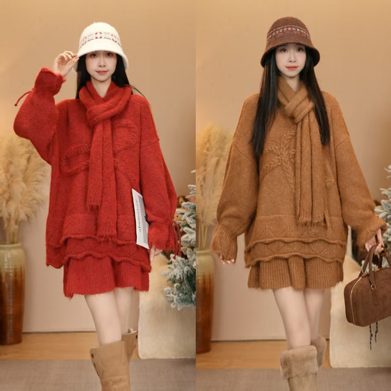 唐乐乐｜25new秋冬氛围感休闲百搭宽松毛衣+半身裙+围巾 BF2516