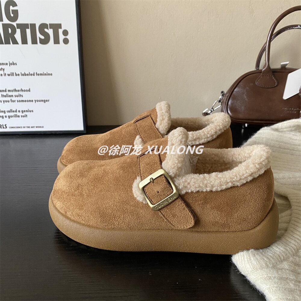 加绒厚底毛毛勃肯鞋女2025新款秋冬百搭一脚蹬土豆棉鞋保暖雪地鞋