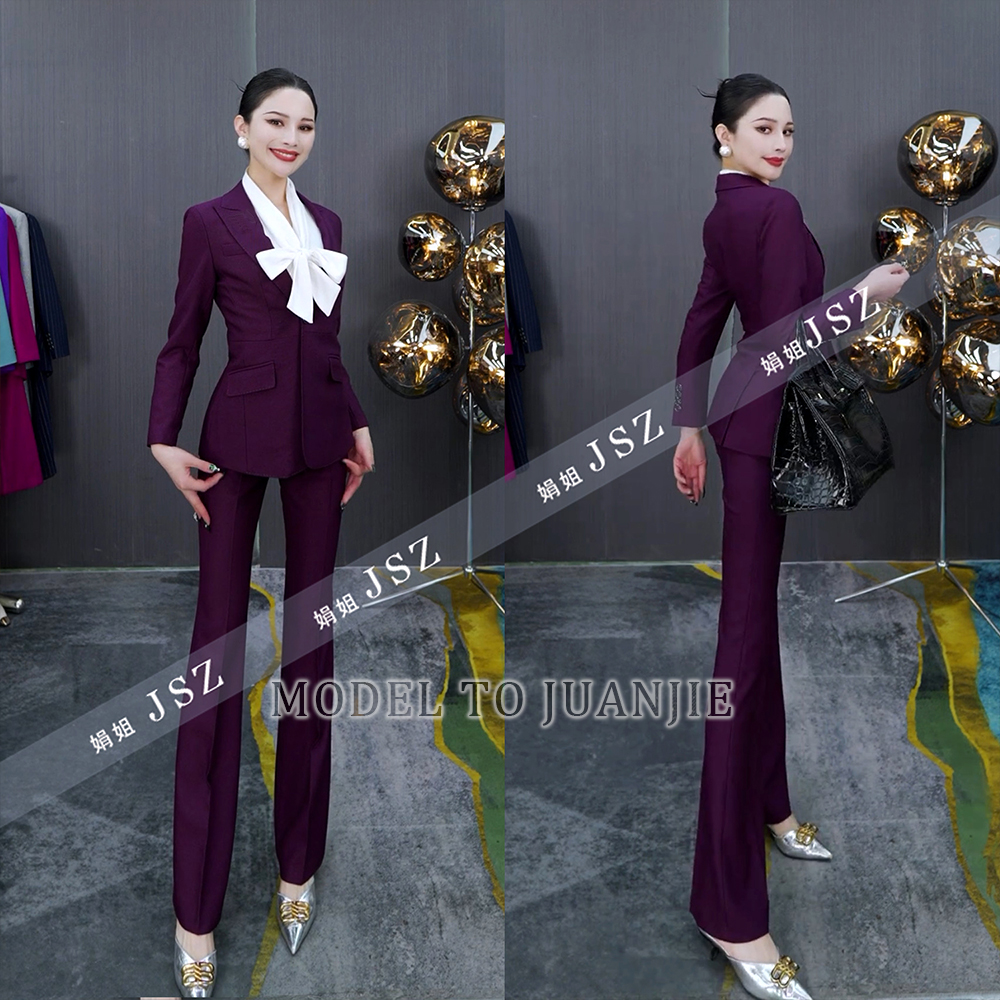 秋冬修身气质高定设计师时尚显瘦职业单粒扣西装喇叭裤套装883