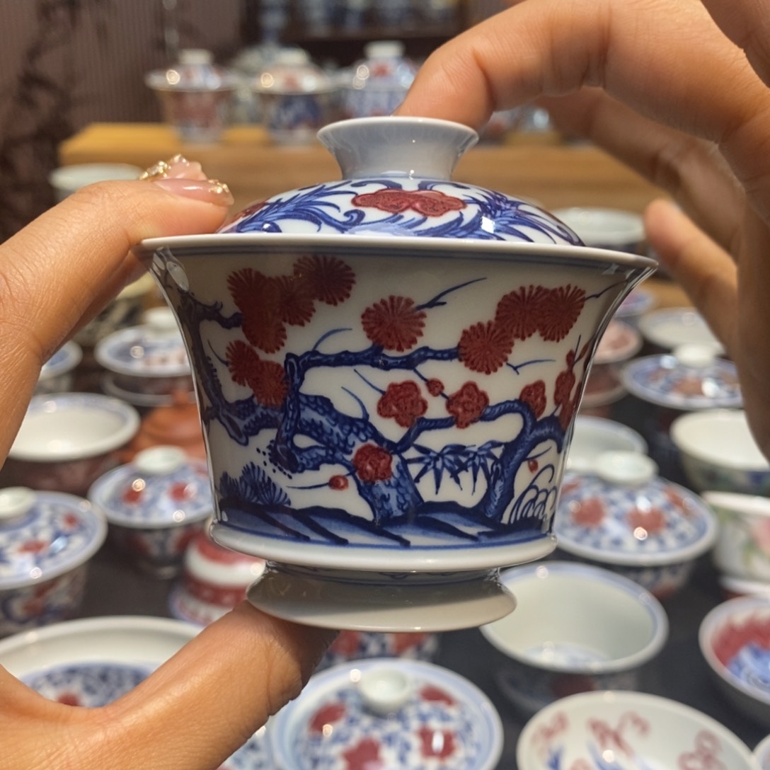 仙*马蹄盖碗柴窑原矿釉里红