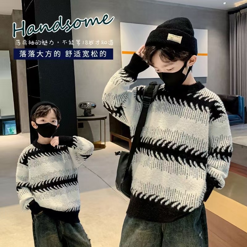 新款男宝中大童秋冬加厚保暖韩版宽松针织毛衣圆领套头打底