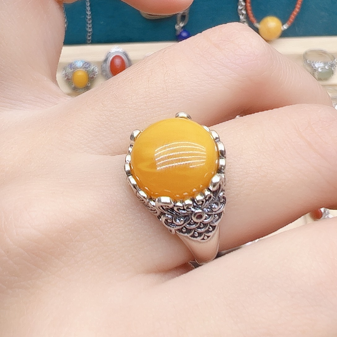 蜜蜡戒指银S925镶嵌天然