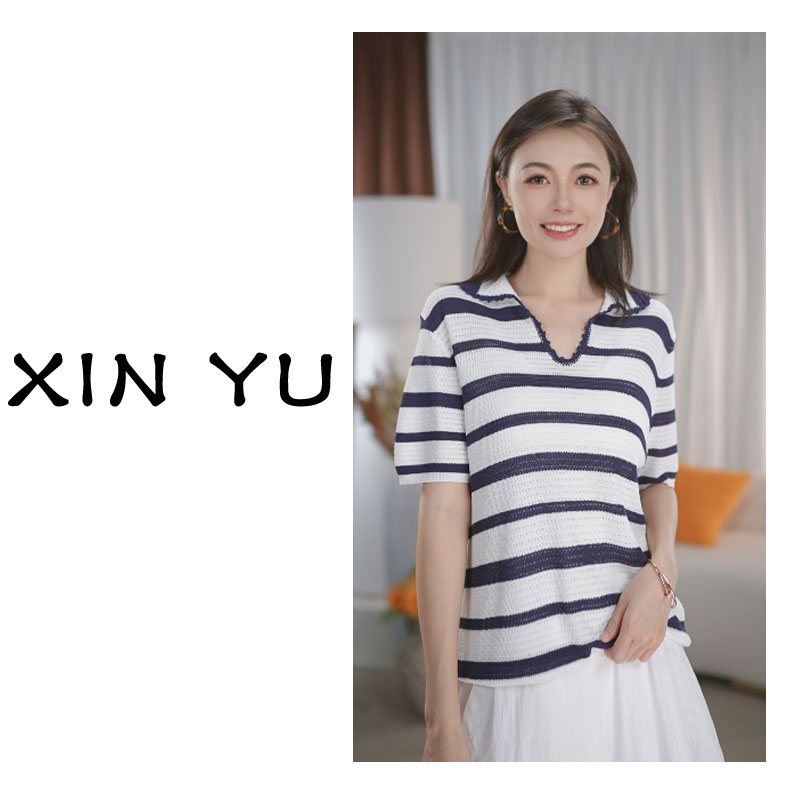 【高智感】 夏季极简条纹polo领百搭针织上衣