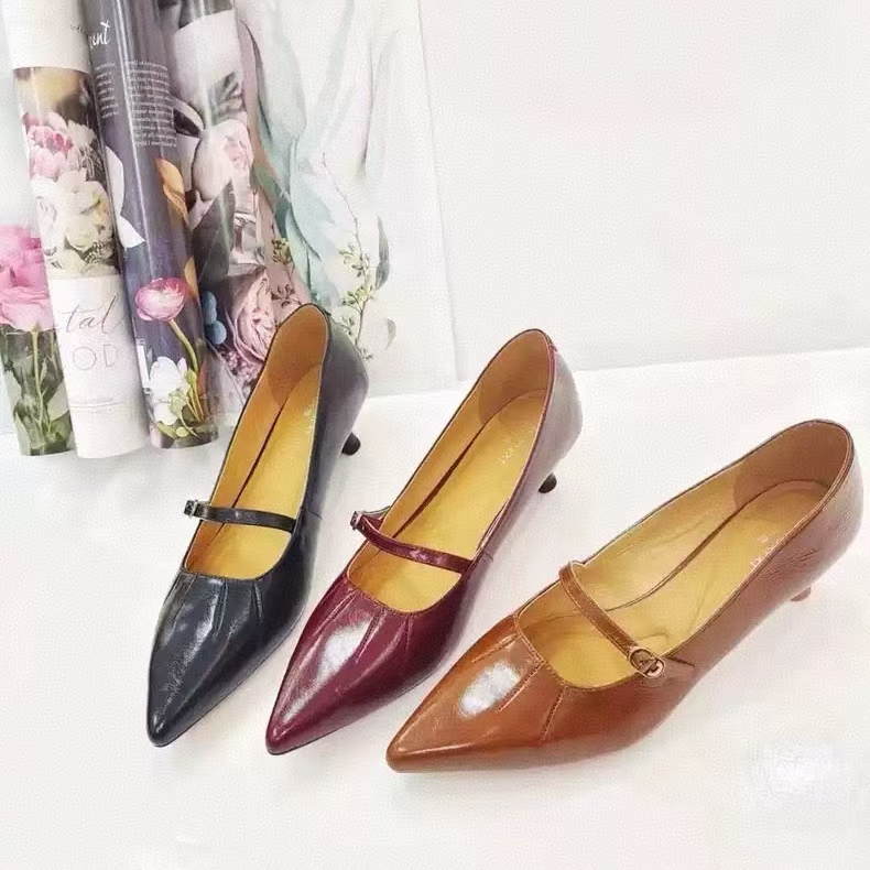 时髦法式玛丽珍尖头褶皱低跟浅口女单鞋122715-35