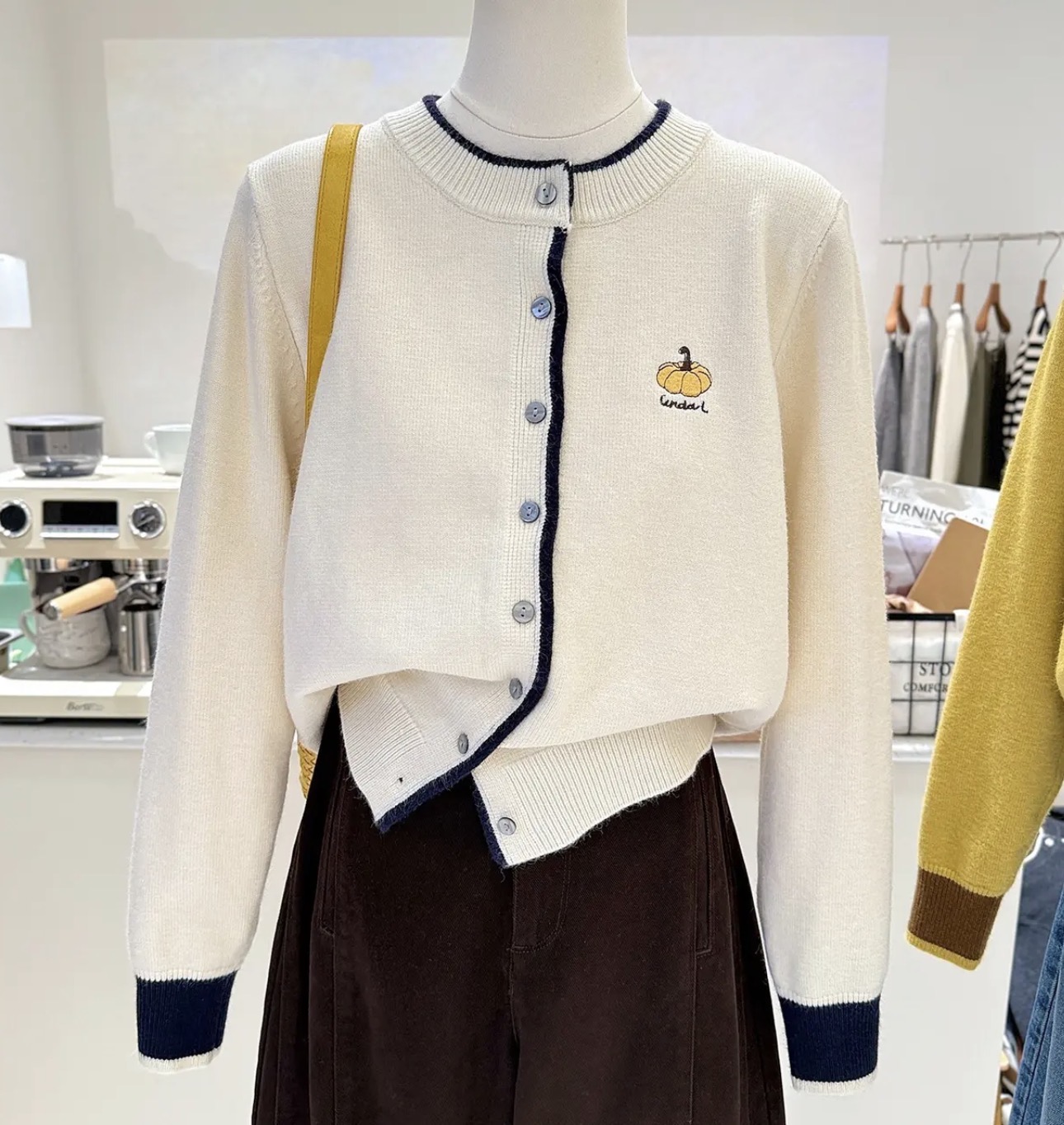 秋冬款韩系百搭高级小众南瓜刺绣拼色宽松显瘦保暖针织开衫女外套