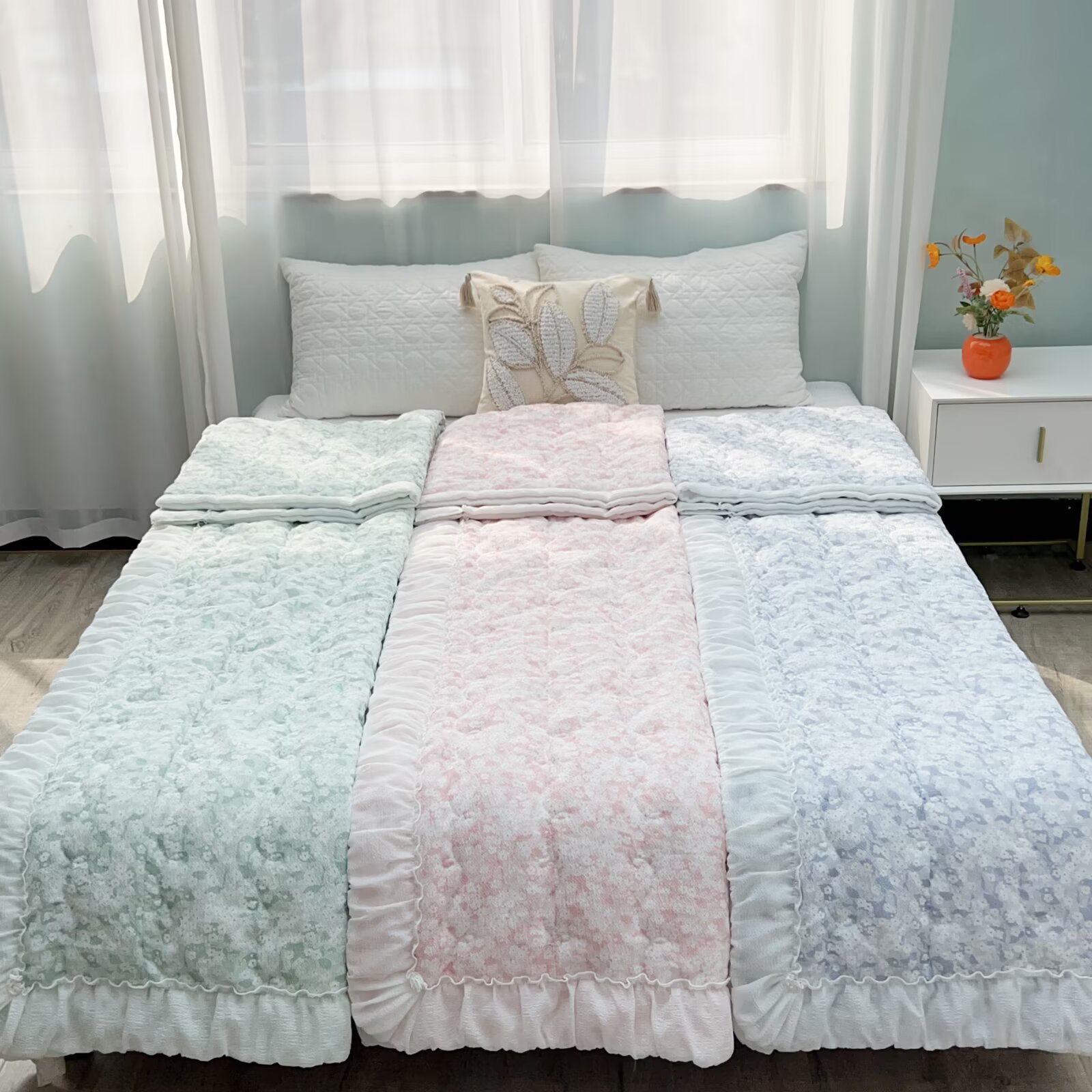 (幸运床品)2025夏季韩国泡泡加绒纱夏绗缝凉被花边粉色