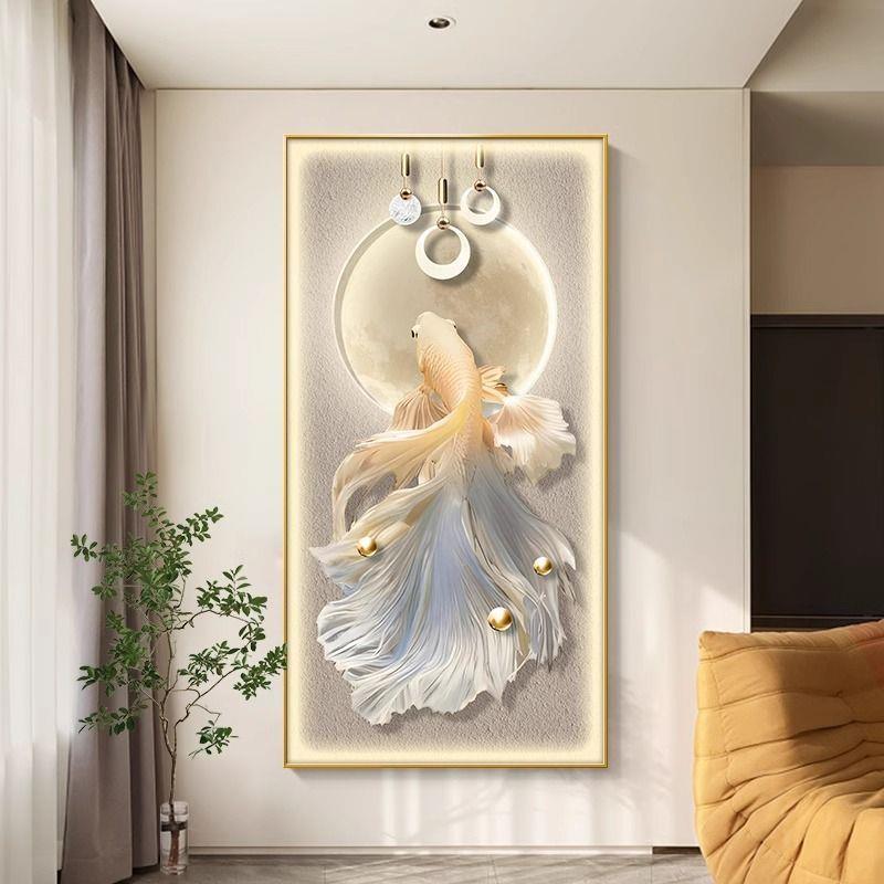 好运锦鲤玄关装饰画轻奢走廊过道挂画高档入户客厅背景墙带灯壁画