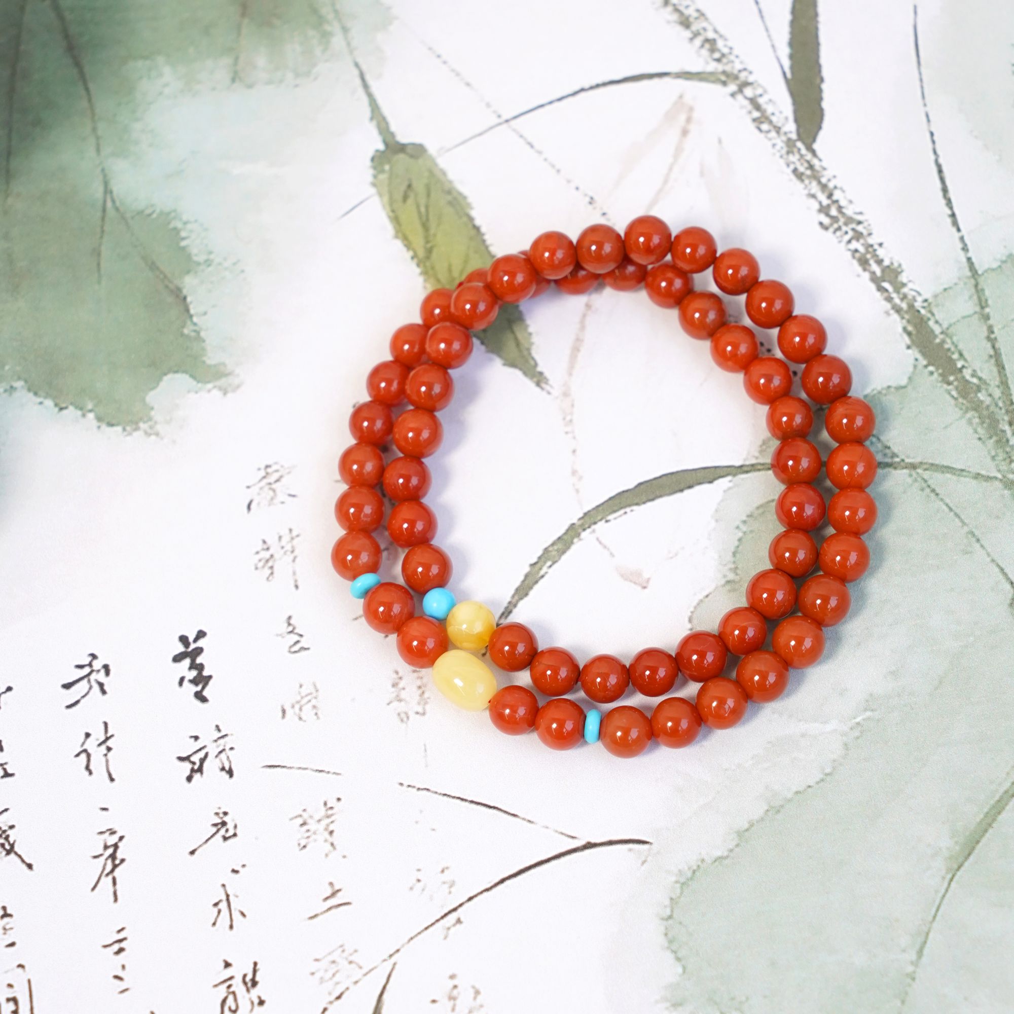 天然川料九口柿子红南红双圈蜜蜡精简手串QF-B104（多样性发一）