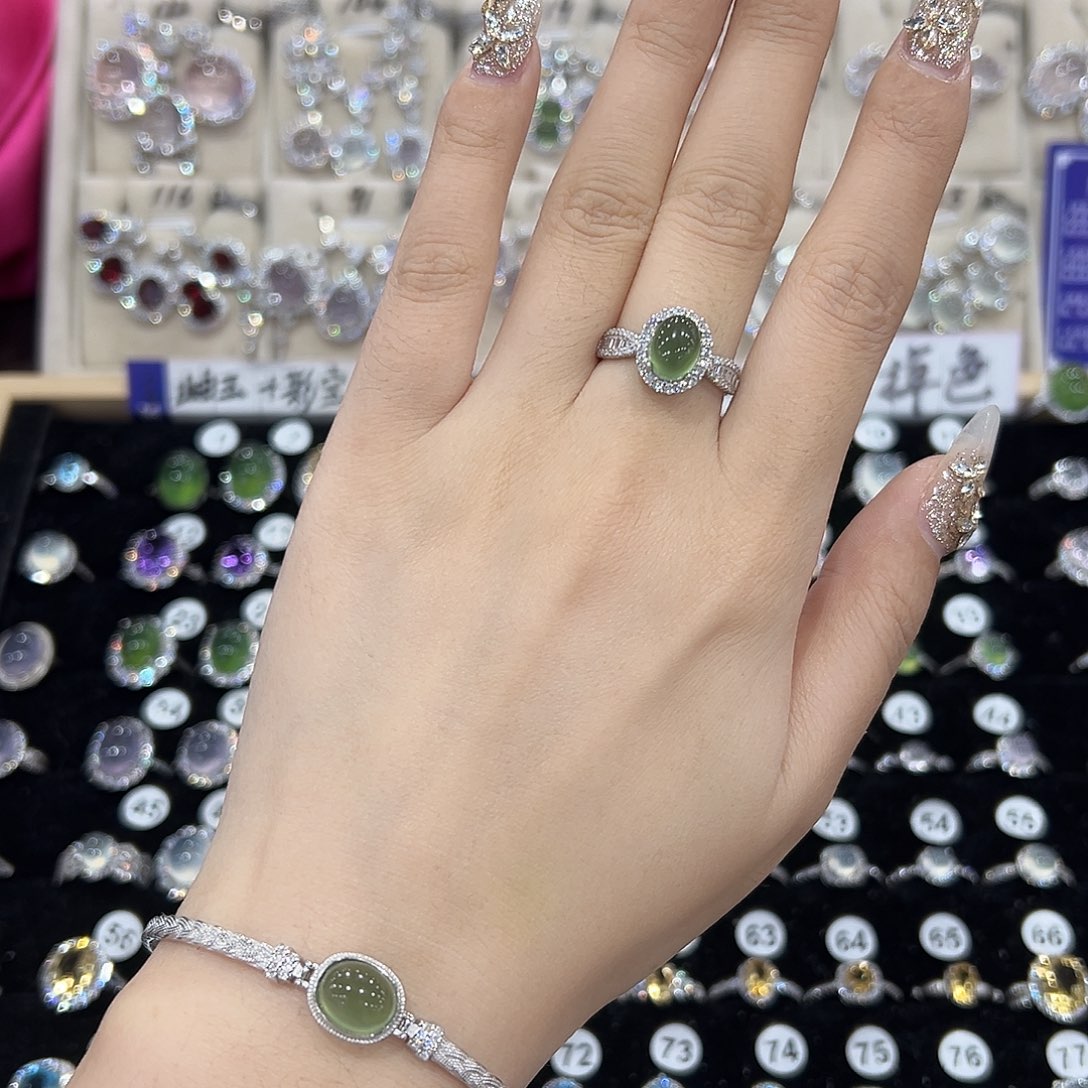 泊***打蛇纹石玉银S925镶嵌戒指