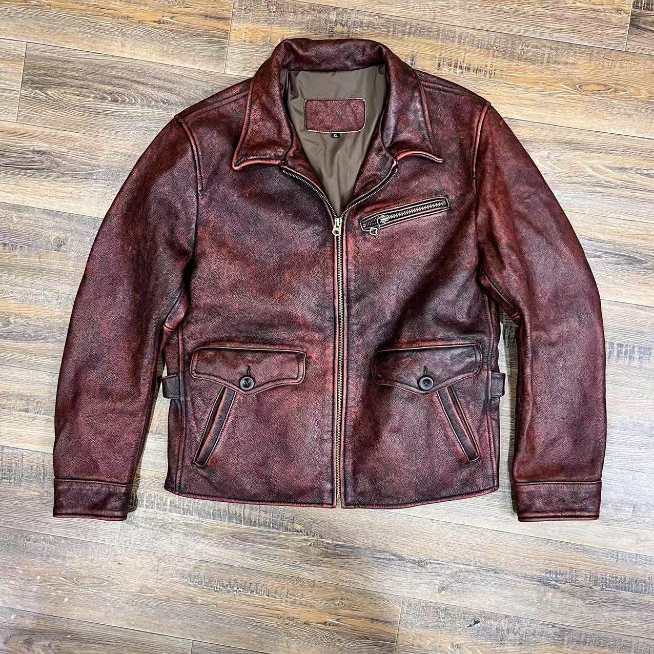 学友同款报童牛皮棕色欧美修身翻领短款皮衣复古做旧牛皮夹克男