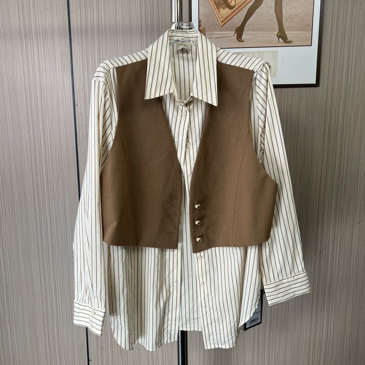 2051撤柜DS马甲马夹两件秋季女装条纹宽松拼接长袖上衣衬衣