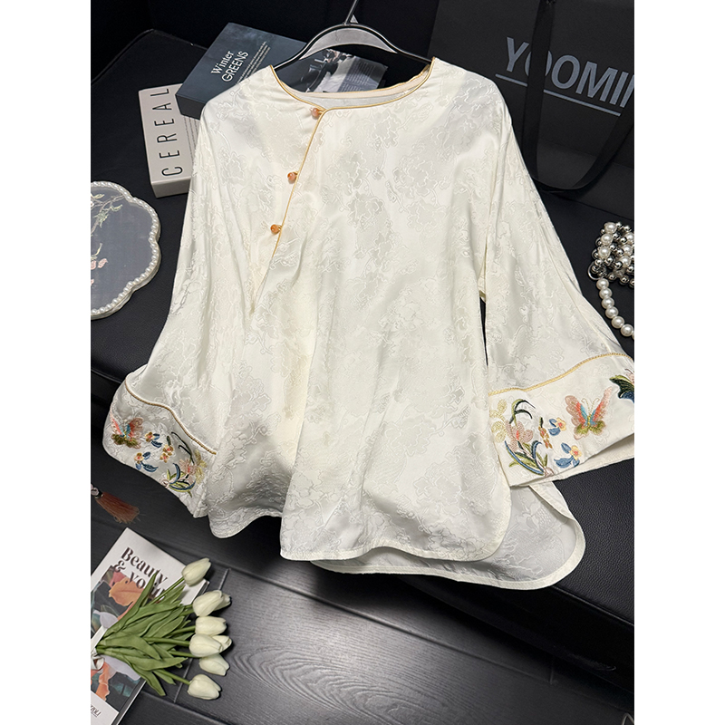 绝美新中式白衬衫改良上衣高级感人丝提花打底衫女圆领刺绣衬衣