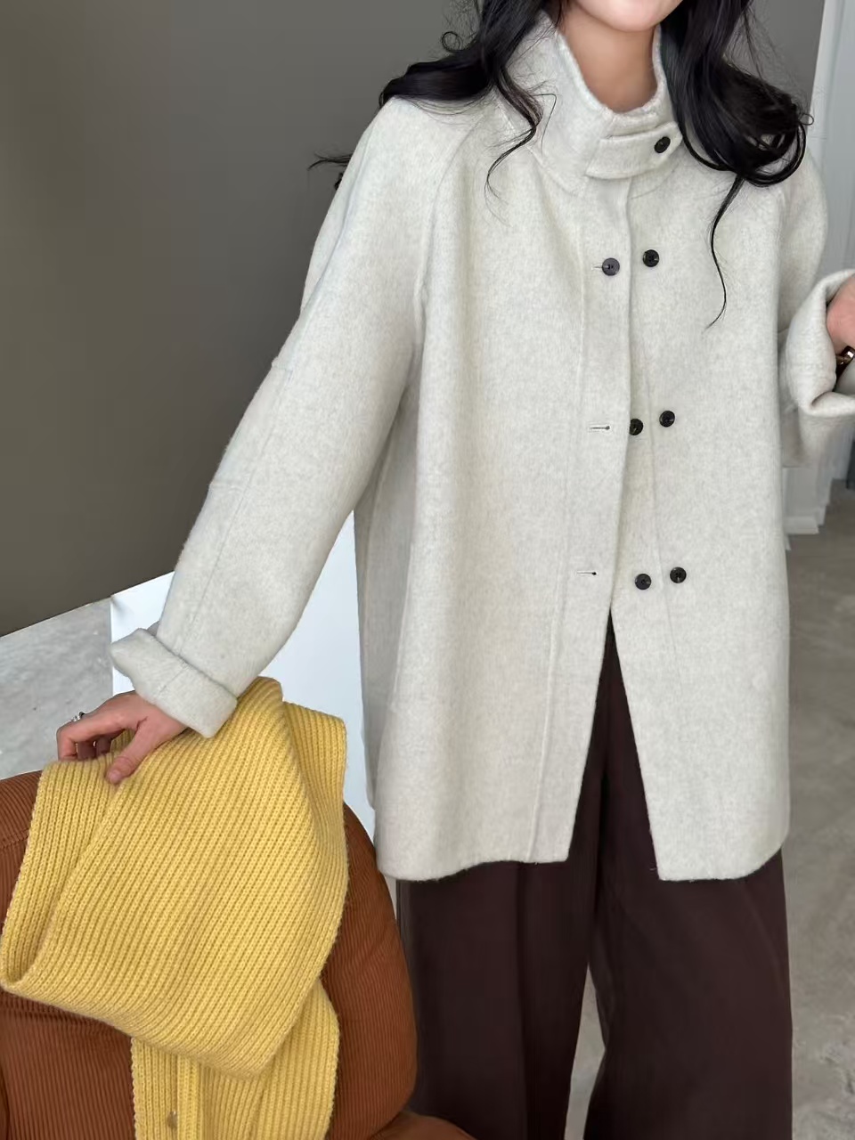 亚亚推荐【南韩少女】韩版新款立领小盘扣中长款双面羊毛大衣