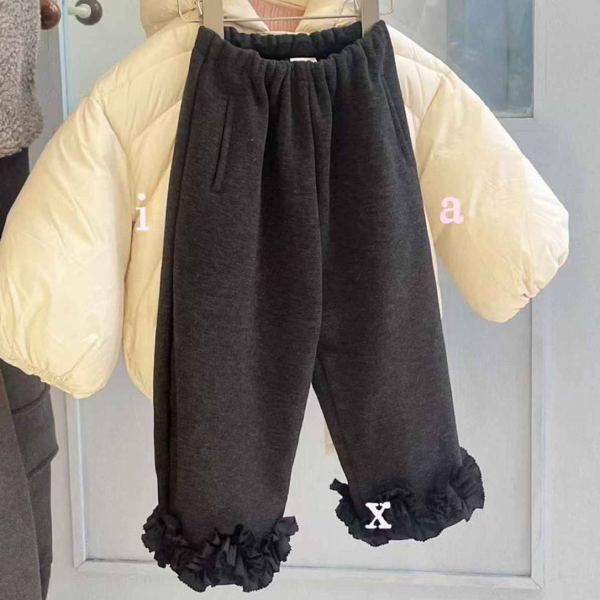 Naixia加绒毛料花边裤子高价感重工款女童秋冬