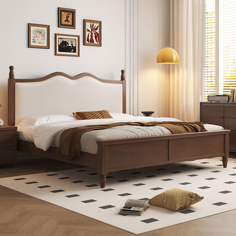 复古风实木床简约软包床头双人床家用主卧室中古风大床