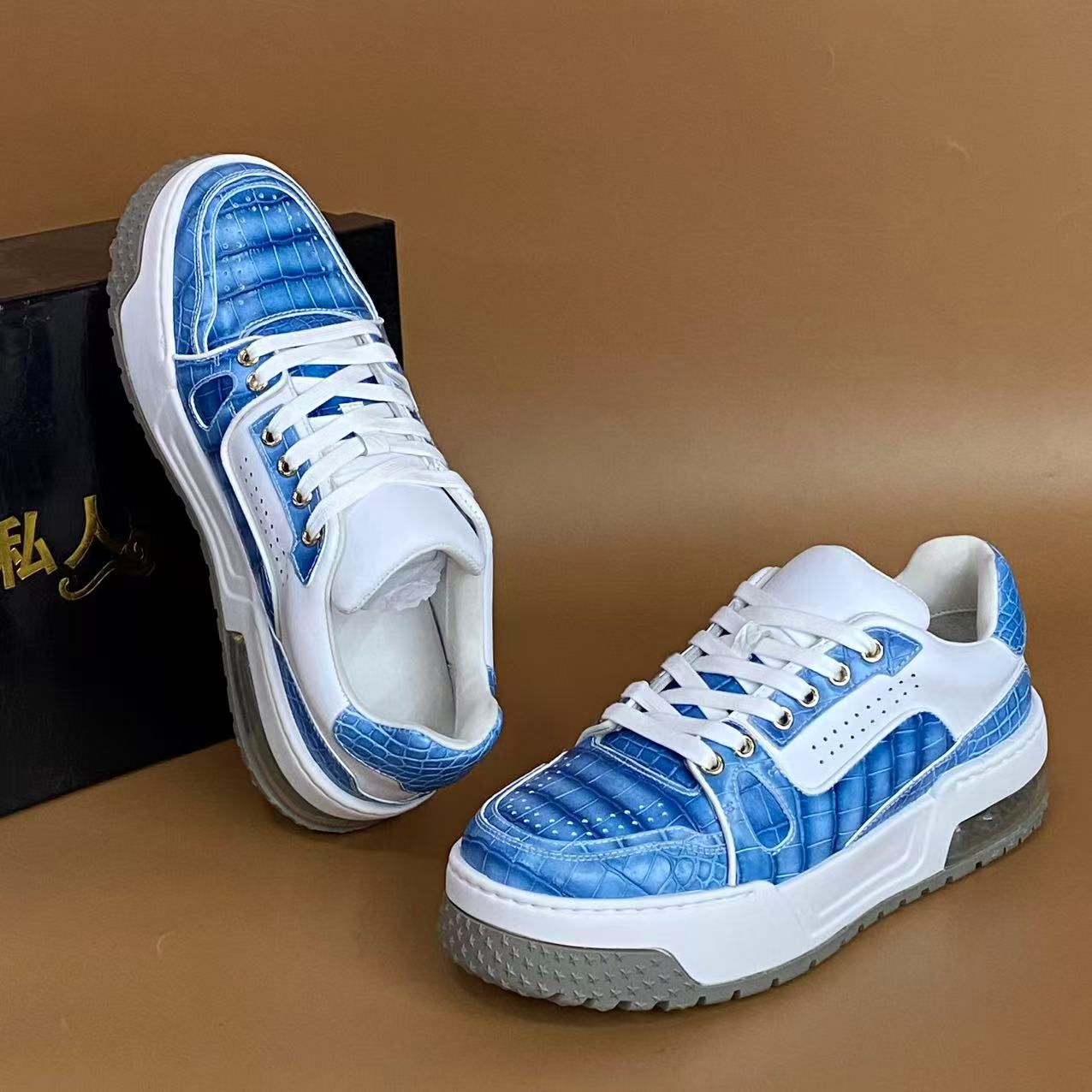 高端鳄鱼皮时尚休闲厚底板鞋运动男鞋蓝色