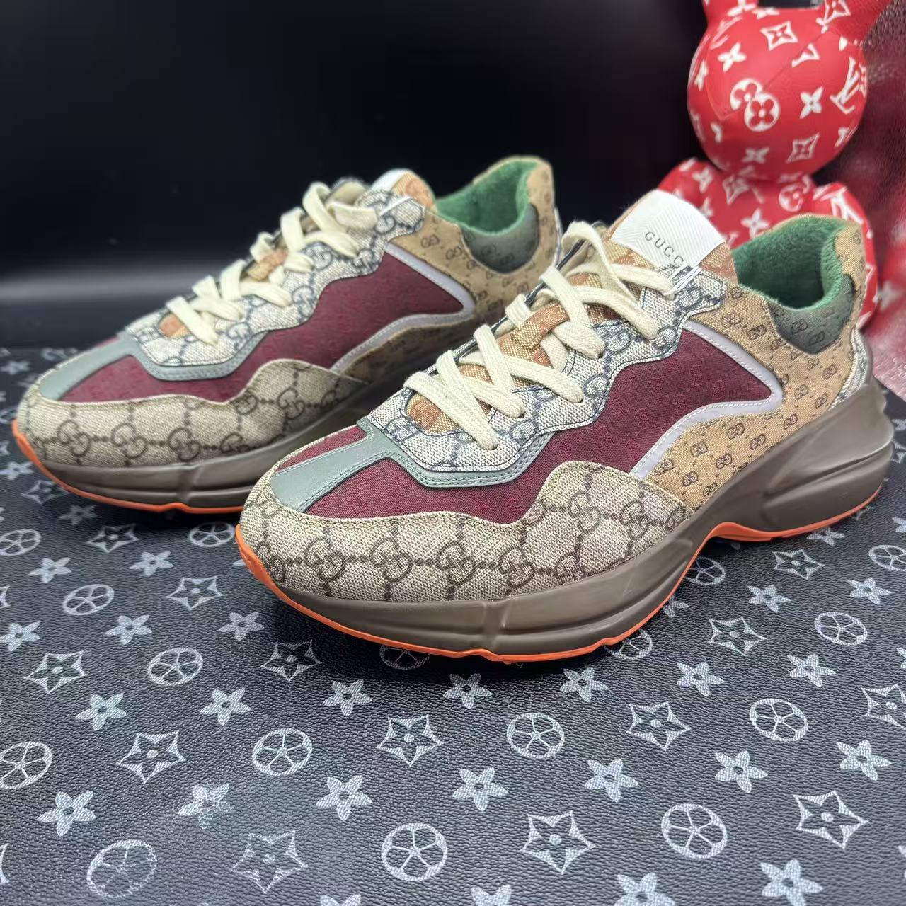 95新 GUCCI/古驰 棕老花帆布面多色拼接老爹鞋43欧码 ddm3509