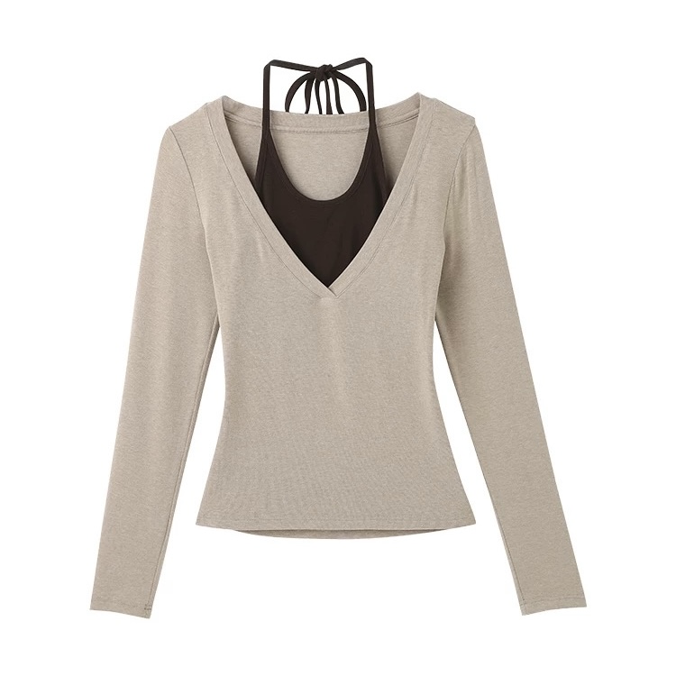 ZZ长袖假两件V领内搭短款针织秋冬微透V领打底衫X077