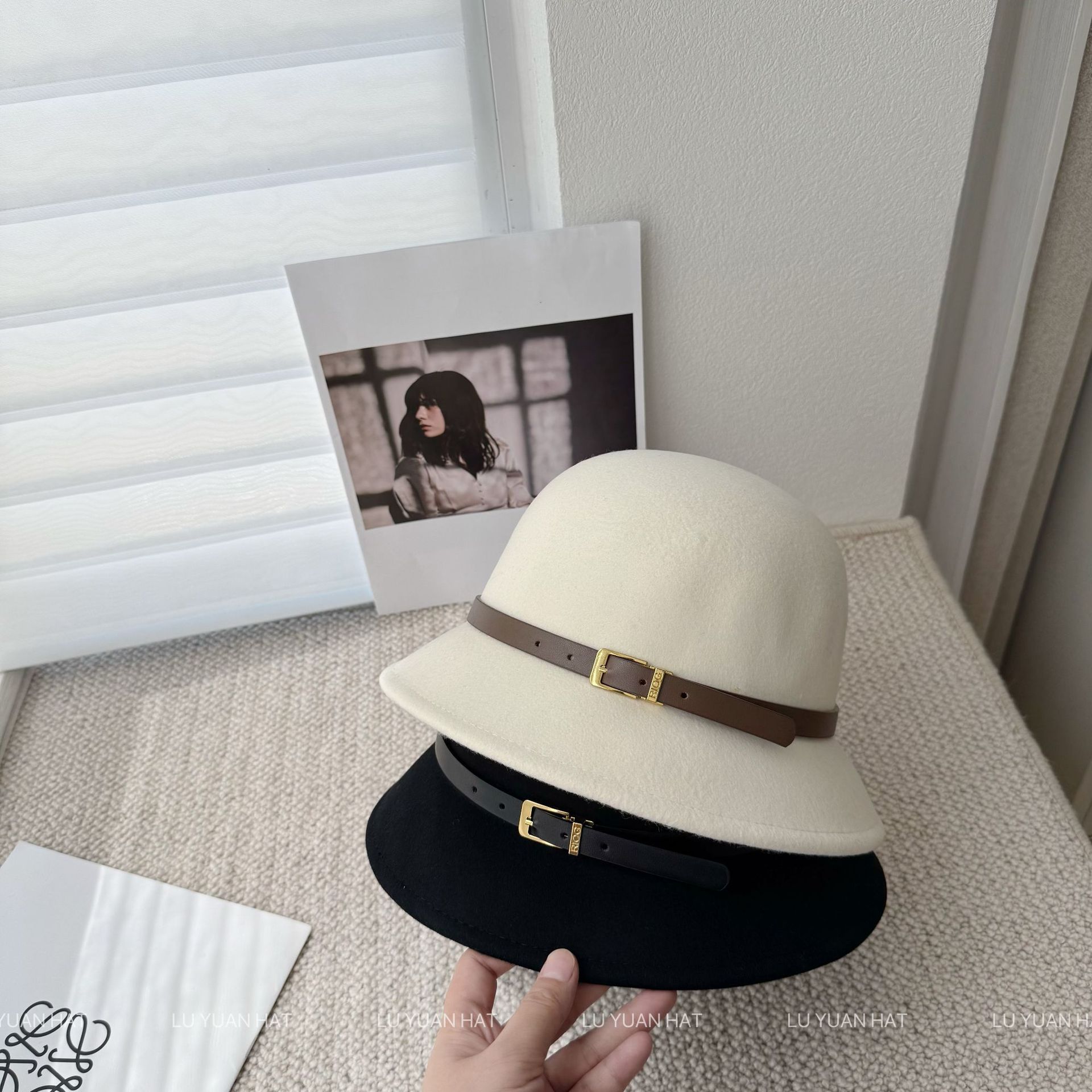 复古皮带扣羊毛呢渔夫帽子女秋冬显脸小时髦盆帽法式赫本风礼帽潮