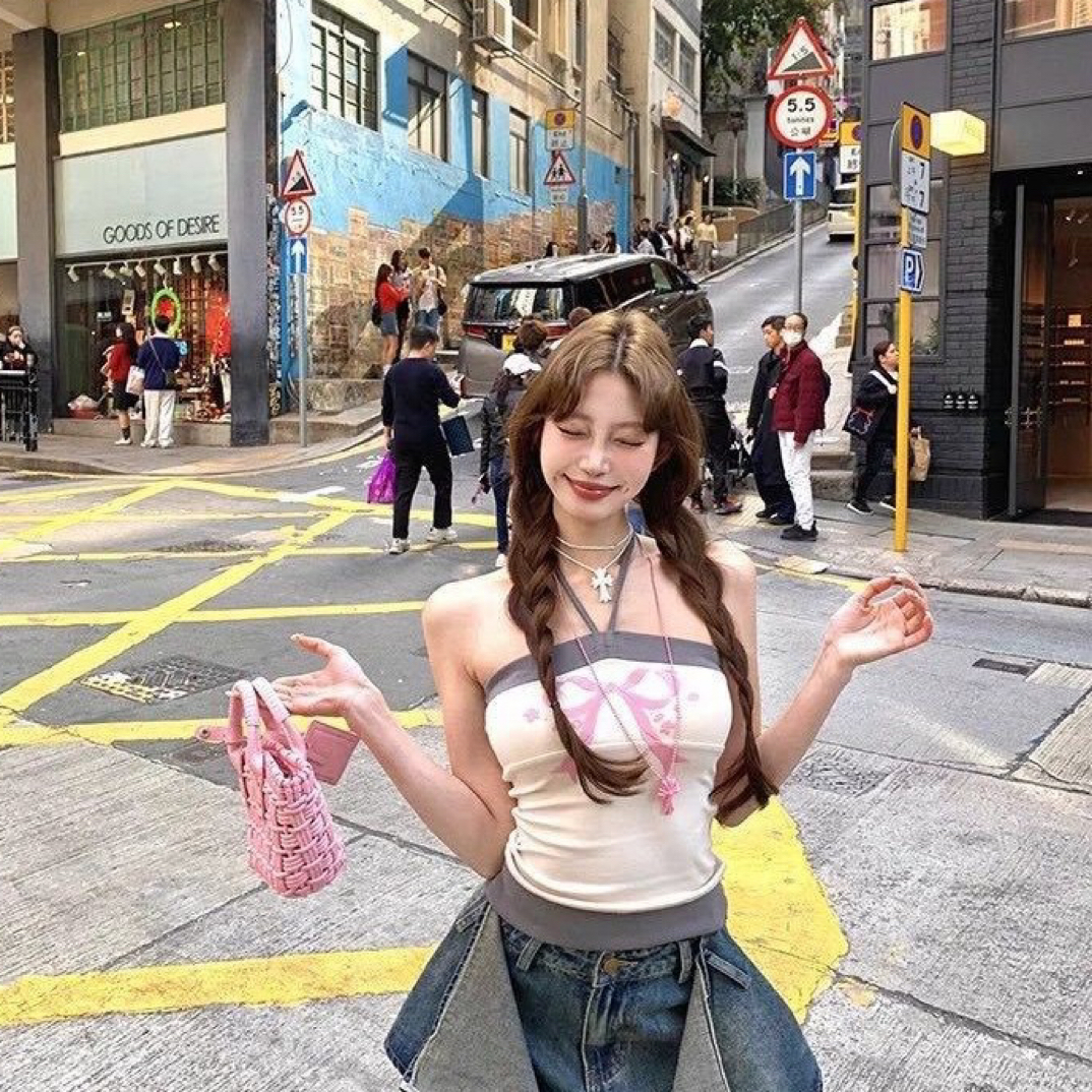 原创设计发泡蝴蝶结烫钻挂脖吊带抹胸背心纯欲辣妹夏季外穿