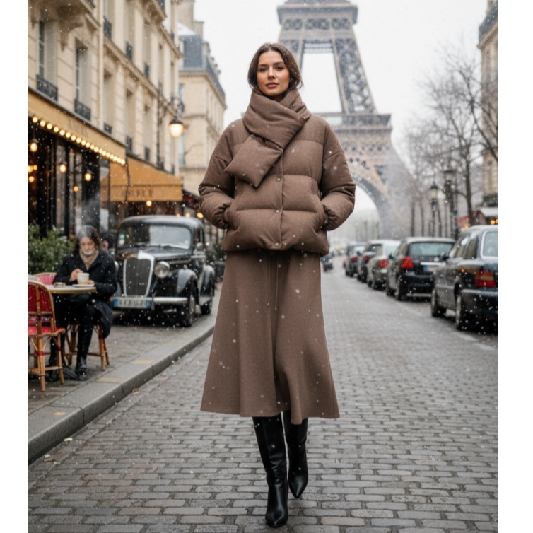 小禾秋冬新款女装时尚简约舒适圆领送围脖牦牛绒鹅绒服外套羽绒服