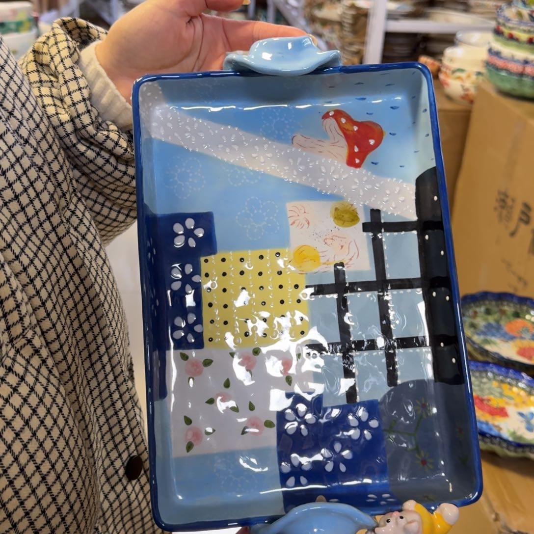 瓷片拼布兔蓝色双耳烤盘1只