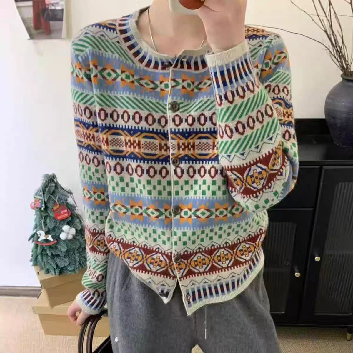 秋冬新款欧货气质复古提花时尚费尔岛百搭针织开衫A951#