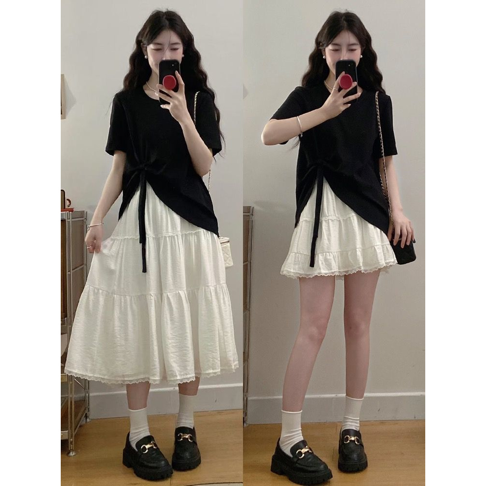 大码女装夏季新款胖mm新款花边蛋糕裙+蝴蝶结宽松T恤洋气减龄套装