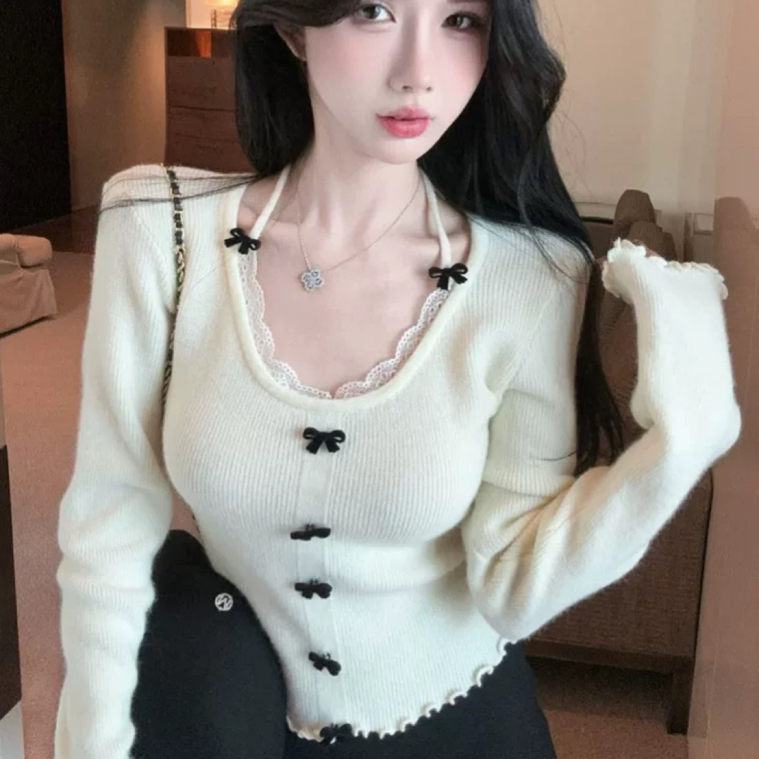 蝴蝶结挂脖蕾丝拼接针织衫女秋冬内搭修身打底长袖小上衣3267