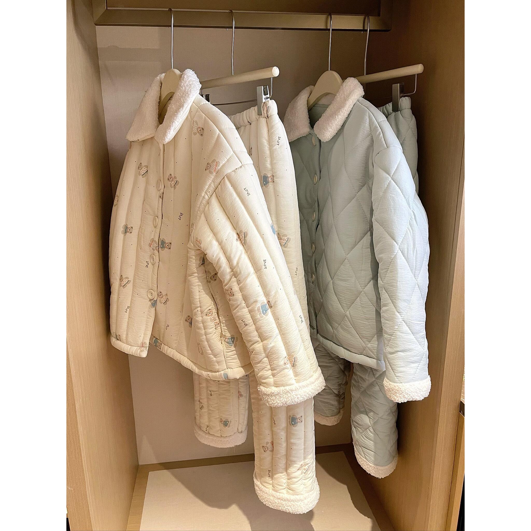 韩版可爱卡通印花夹棉睡衣女秋冬季毛绒绒加厚棉服保暖家居服套装