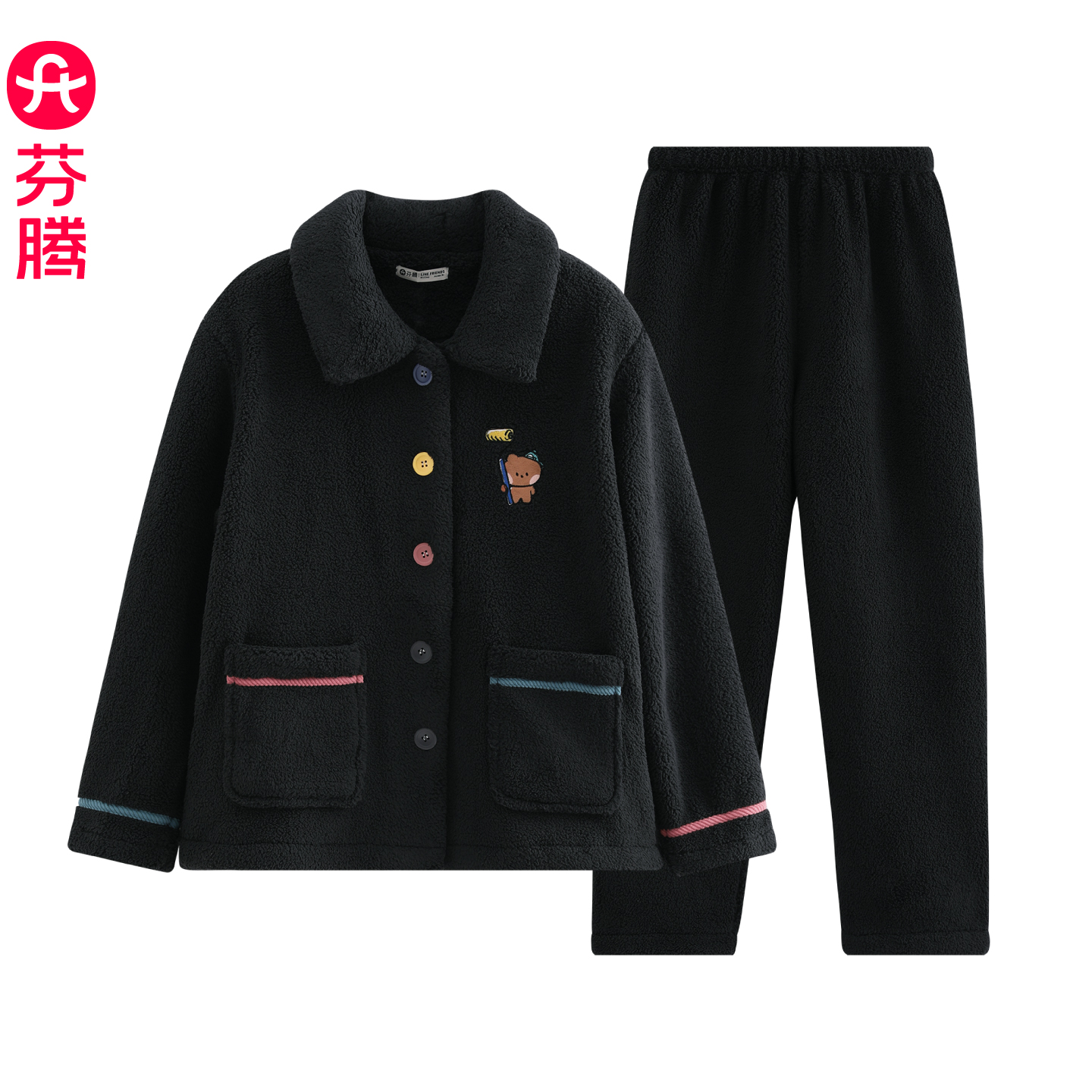 芬腾布朗熊联名新款珊瑚绒女睡衣加绒加厚保暖长袖长裤家居服套装