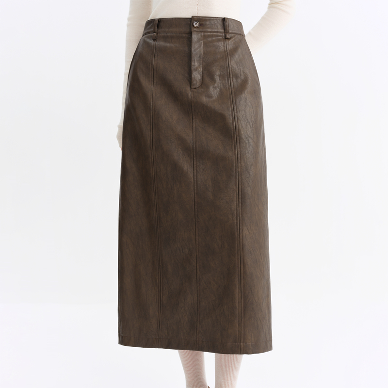 范思蓝恩复古百搭通勤PU皮半身裙女中长款裙子25FS14507