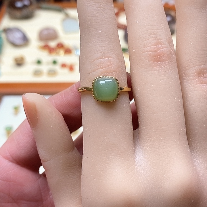 和田玉戒指银S925镶嵌清*