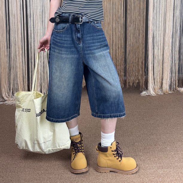 2025夏季新款美式复古休闲百搭宽松廓形水洗做旧牛仔中裤女115913