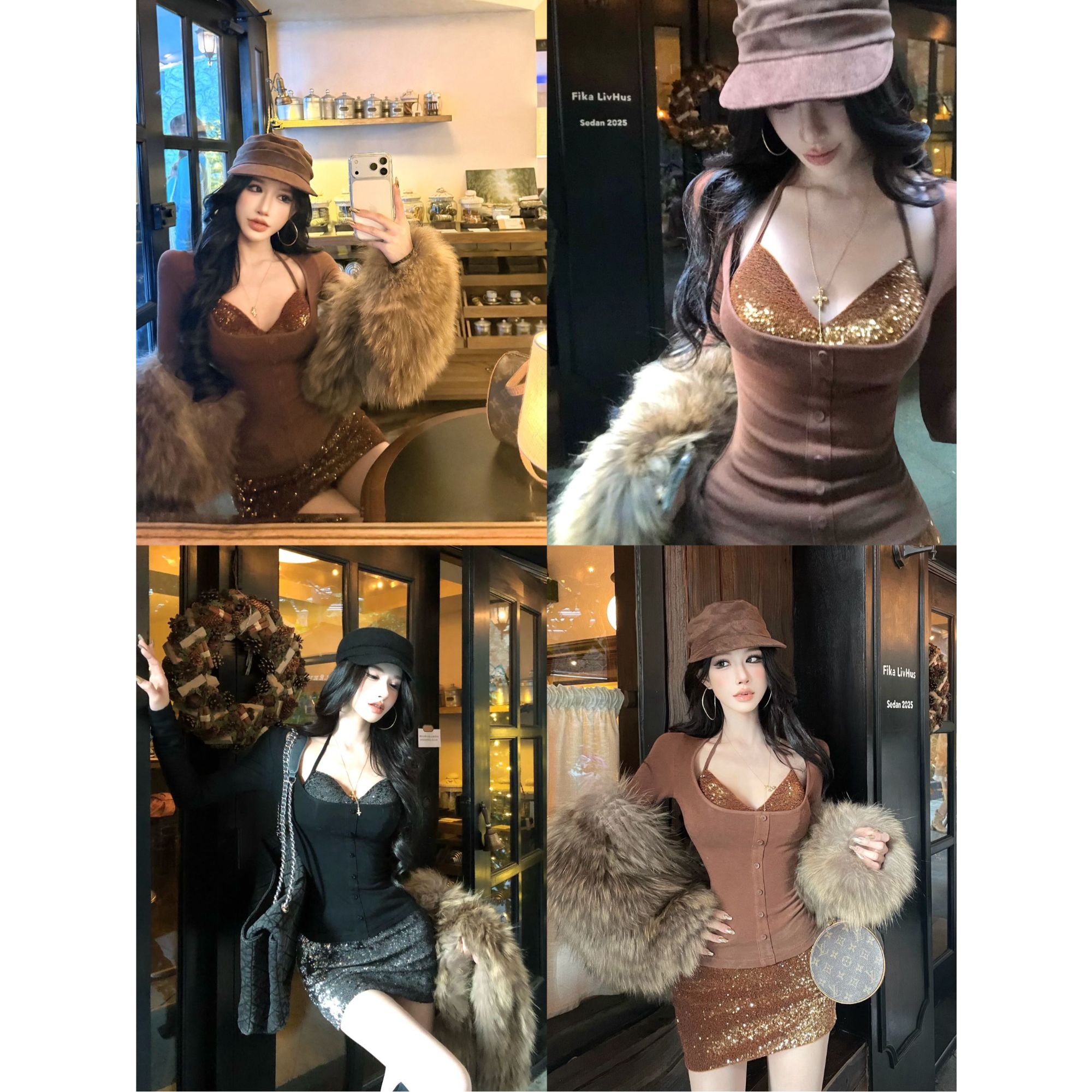 灰尘邓邓 【落日叠影】蕾丝拼长袖真两件包臀半裙D25Y4219+D25Q4176