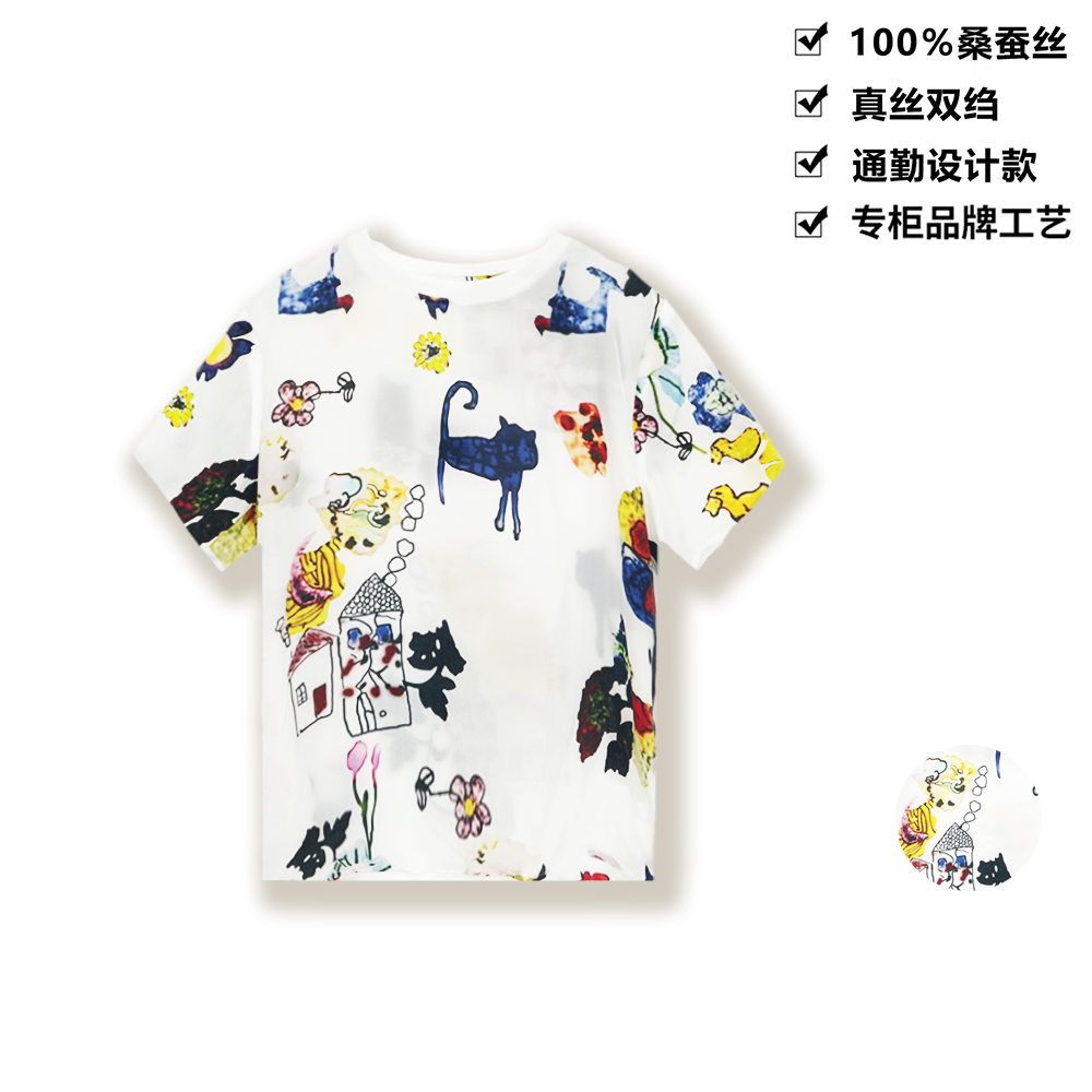 16姆米100桑蚕丝真丝双绉时尚别致印花桑蚕丝T恤短袖女上衣DXA11
