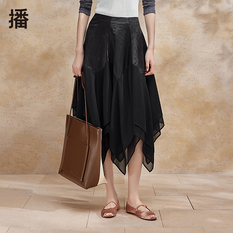 【陈大可专属】播半身裙黑色异材质腰头半身裙BDR2BD1502