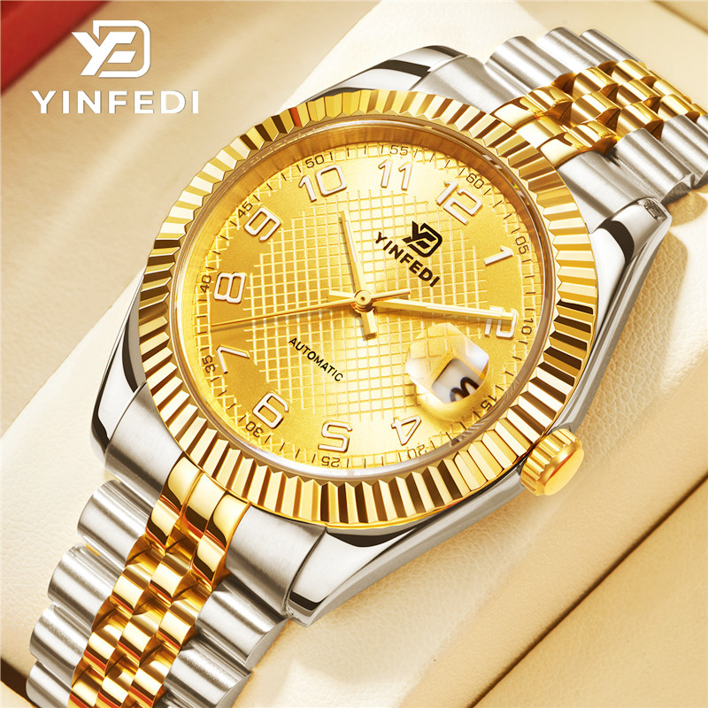YINFEDI夜光进口机械男表全自动大数字间金劳日志型防水男士手表