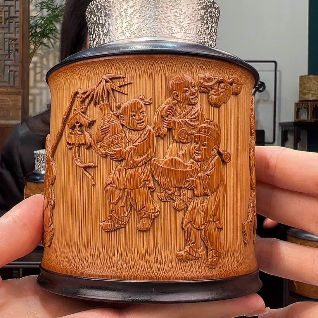 竹竹雕八宝图茶叶罐