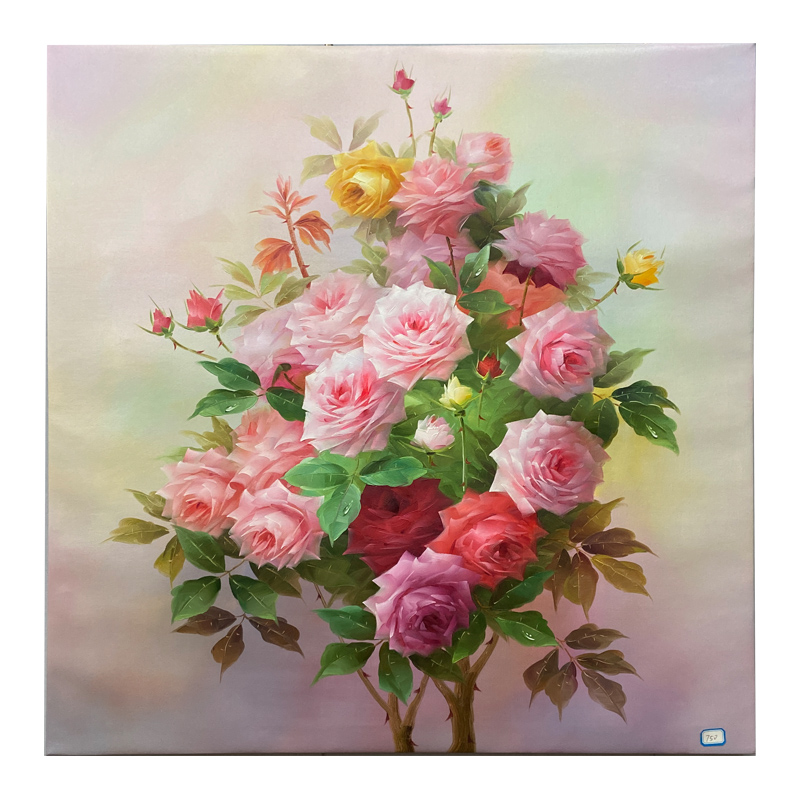 带框新中式花鸟油画粉玫瑰方正纯手绘油画铝合金外框