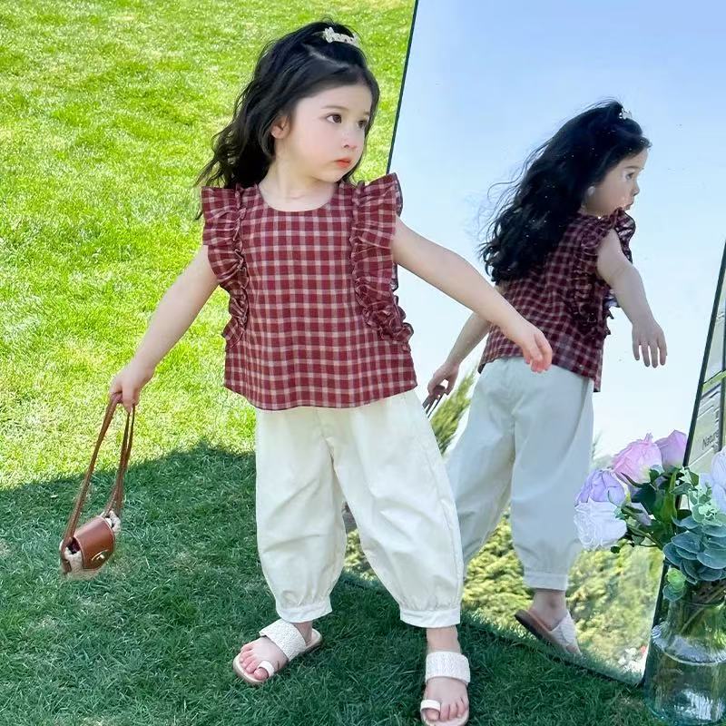 A-Y708女童套装夏季儿童洋气时髦格子背心女宝宝夏装飞袖两件套