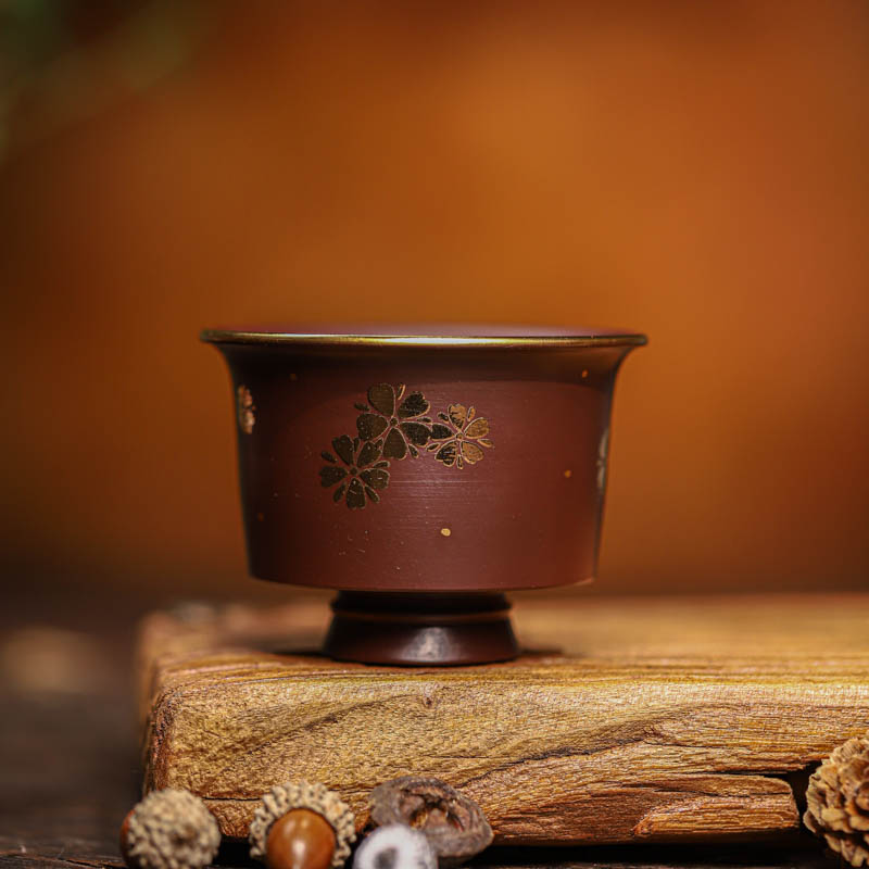 手工杯 | 宜兴紫砂 金银措绣球花紫石红紫砂主人杯