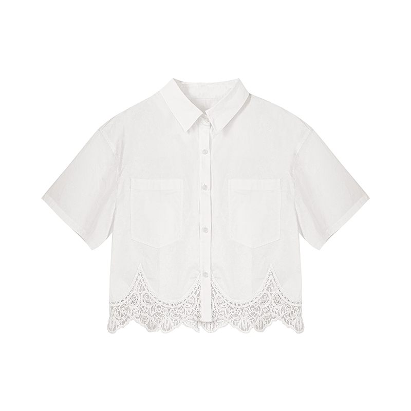 【尚雅专属】浪漫拼接蕾丝宽松短衬衫N2354